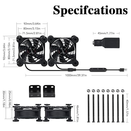 Dual 80mm Cooling Fan - 10-Speed USB 5V/DC 12V Power, IPX5 Waterproof for Tablet, TV, Router, Xbox, DVR, Computer Cabinet, Greenhouse & Kennel Component Cooling