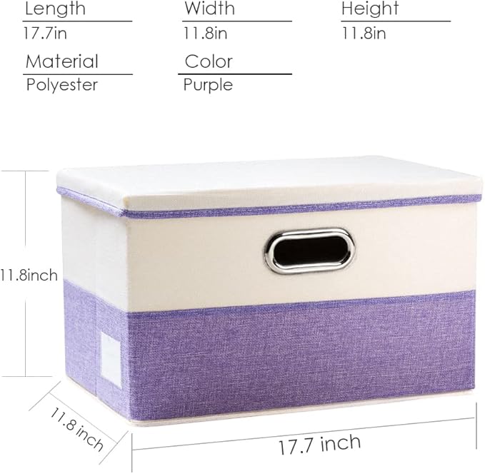 PRANDOM Large Foldable Storage Bins with Lids [3-Pack] linen Fabric Decorative Storage Boxes Organizer Containers Baskets Cube with Handles Divider for Bedroom Closet Purple&Cream(17.7x11.8x11.8)