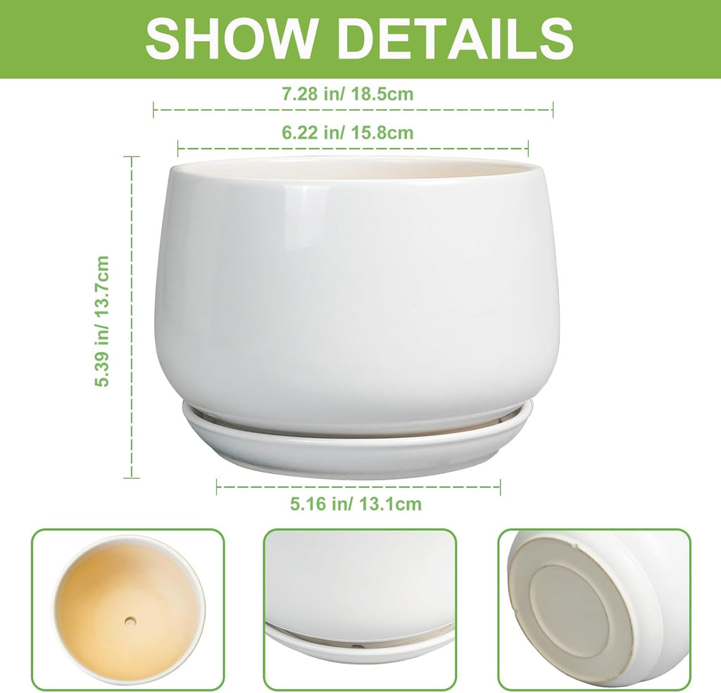 G EPGardening Ceramic Pots for Plants - 7 Inch Planter for Indoor Plants, Round Flower Pots with Drainage and Saucer, Modern Outdoor Planter, Garden Decor, Home Gifts, White