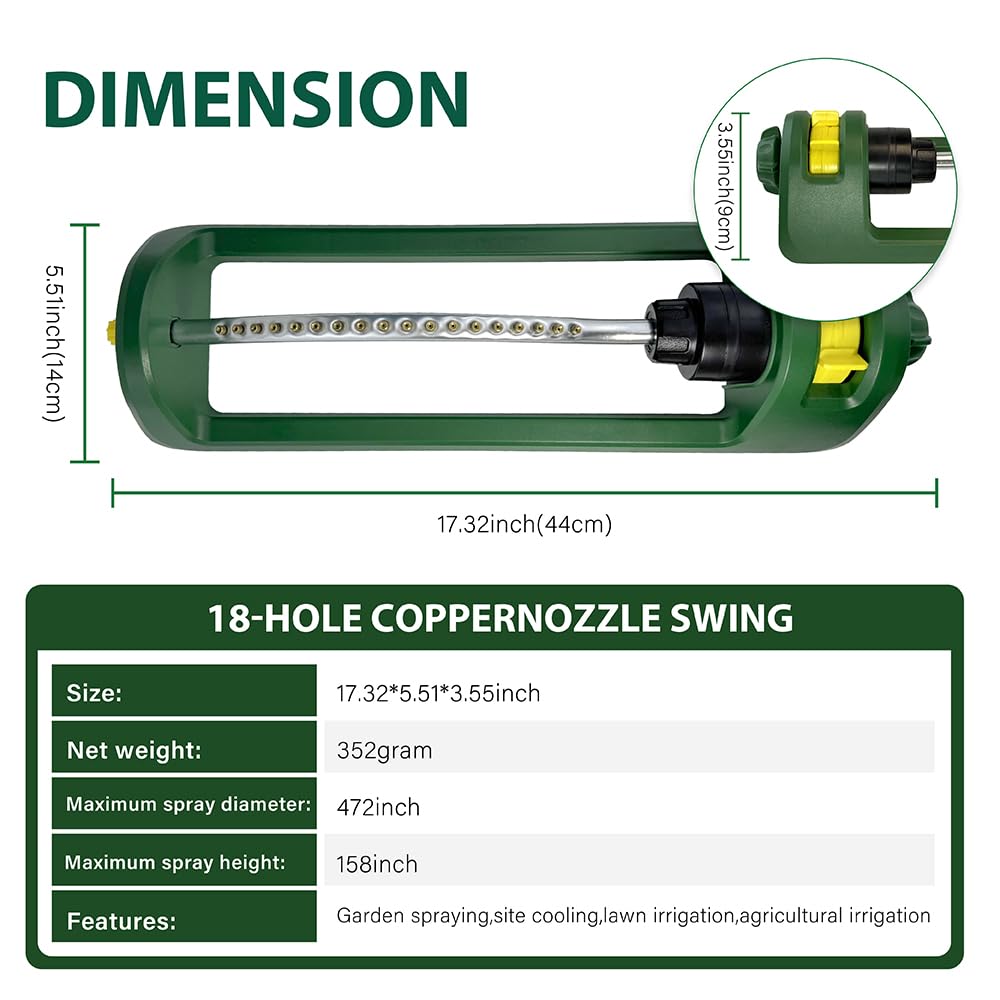 Lawn Sprinkler, 18 Brass Nozzles Garden Water Oscillating Sprinkler for Yard Covers up to 3,600 sq.ft, Heavy Weight Base, Built-in Spray Jet Cleaning Needle, Green, Yellow