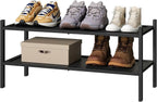 2-Tier Black Bamboo Shoe Rack, Stackable Bamboo Wood Shoe Rack for Closet, Entryway & Hallway