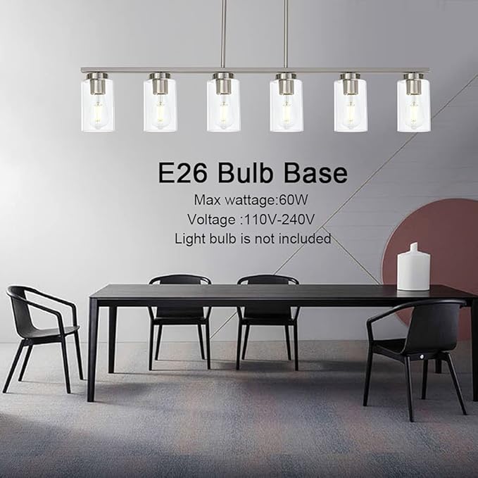 6-Light Kitchen Island Lighting with Clear Glass Shades, Modern Linear Pendant Light Fixture for Dining Room Pool Table, Brushed Nickel Finish