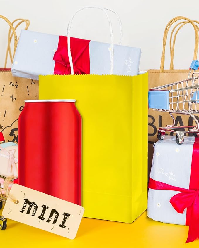qiqee 50-Packs Bright Yellow Paper Gift Bags with Handles Bulk 4.5"x2.5"x6" Mini Size Party Favor Bags Multiple Uses