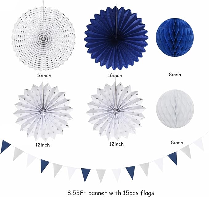 Navy-Blue White Silver Party-Decorations - 20pcs Graduation Paper Lanterns Fans,Tissue Pom Poms,Honeycomb Balls,Bunting,Birthday Bridal Bachelorette Christmas Baby Shower Wedding Decor Burgleda