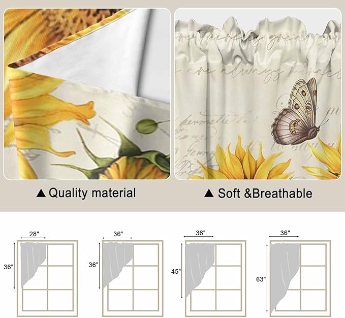 Farm Sunflowers Swag Valances for Windows, Retro Flowers Butterfly Botanical Beige Rod Pocket Kitchen Curtains Valance, Small Window Curtains Swag for Cafe Bathroom Living Room, 2 Panels, 28x36 inch