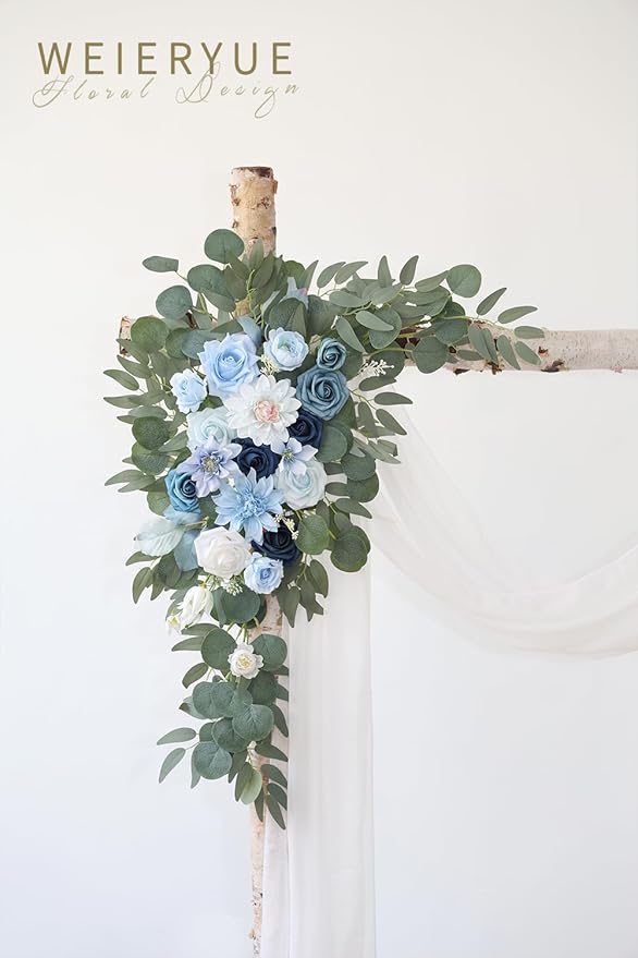 Artificial Wedding Arch Flowers Kit(Pack of 3),2Pcs Artificial Flower Arch Decor,1Pcs Sheer Drape for Wedding Ceremony Arbor for WeddingCeremony (Blue)