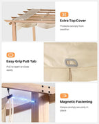 10' X 10' Faux Wood Grain Aluminum Outdoor Retractable Pergola Canopy, Patio Pergola Outdoor Pergola with Sun Shade Canopy, Metal Gazebo with Adjustable Canopy Roof for Backyard Beach, Beige