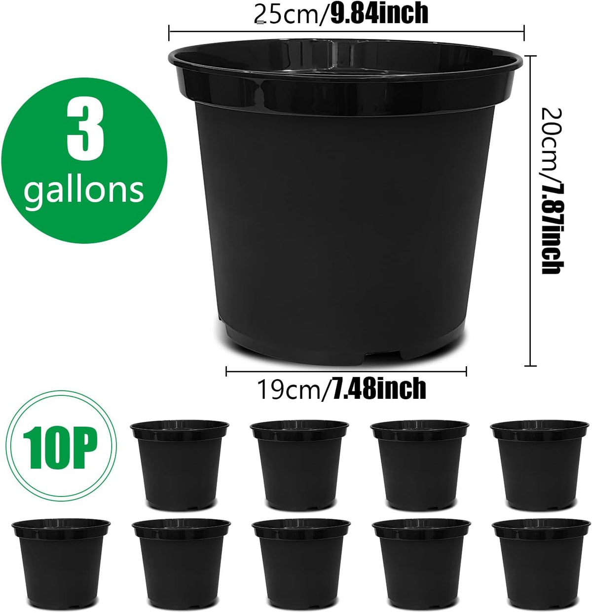 3 Gallon Plastic Nursery Pots, 10 Inch Round Plant Pots with Drainage Holes, 10 Pack Planting Pot for Outdoor Indoor Plants, Gardening Gifts for Women, Black