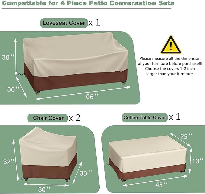 Gasadar Outdoor Furniture Cover Waterproof, Patio Furniture Set Covers for Patio Loveseat, Chair and Coffee Table, 600D Heavy Duty, Beige & Brown