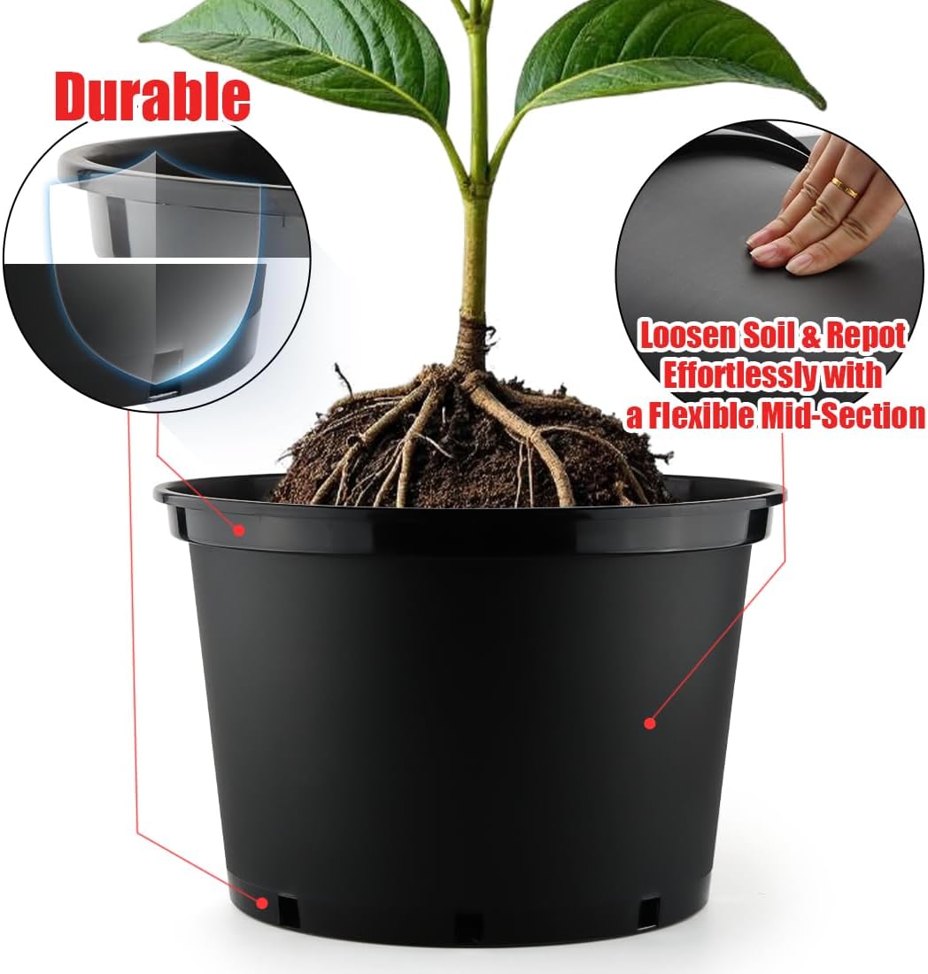 7 Gallon Plastic Nursery Pots, 15 Inch Large Plastic Pots for Plants, Round Plant Pots with Drainage Holes, Flower Pots for Outdoor Indoor Plants, Gardening Gifts for Women (5-Pack, Black)