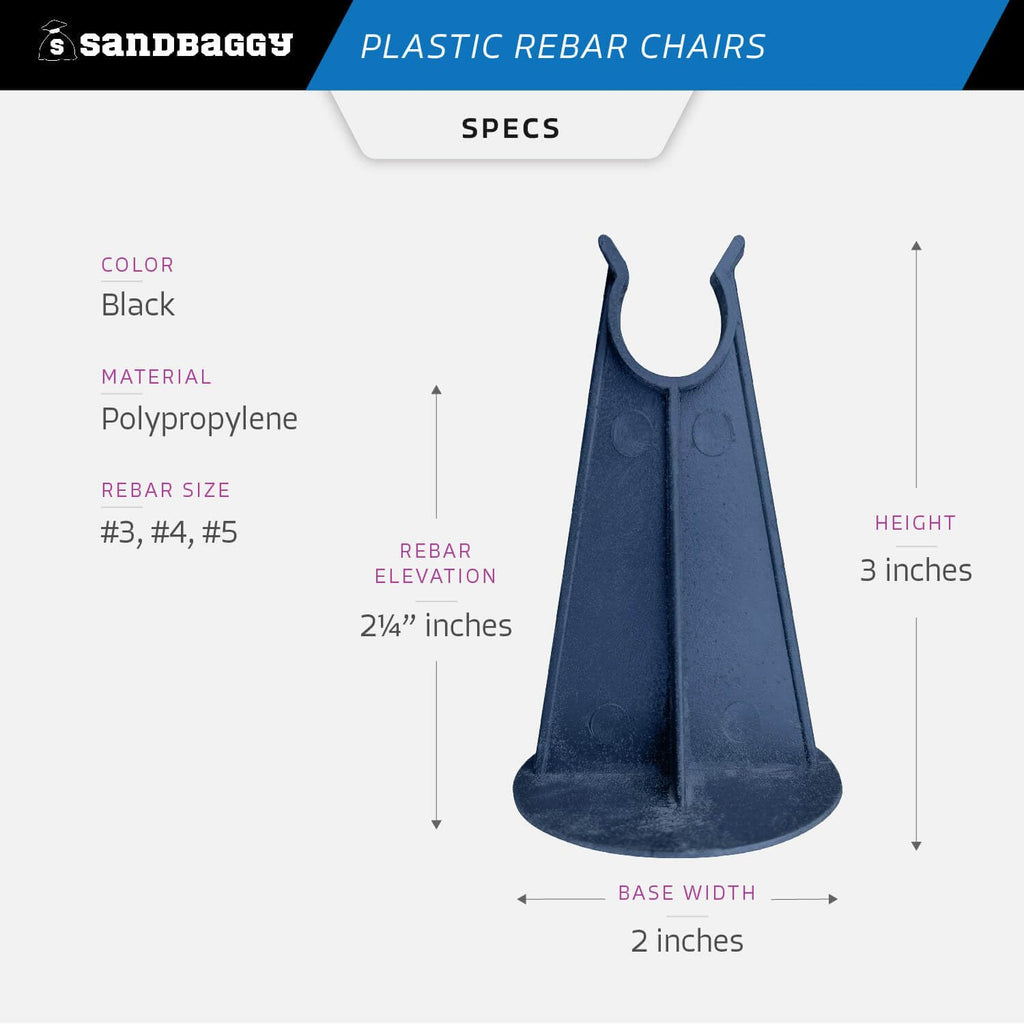 Sandbaggy Rebar Plastic Chair | Fits Rebar #3 to #5 | Heavy Duty Construction - Preferred Choice for Concrete Contractors | Saves Money & Labor Compared w/Dobie Bricks (Pack of 25, 2-1/4 Inch Length)