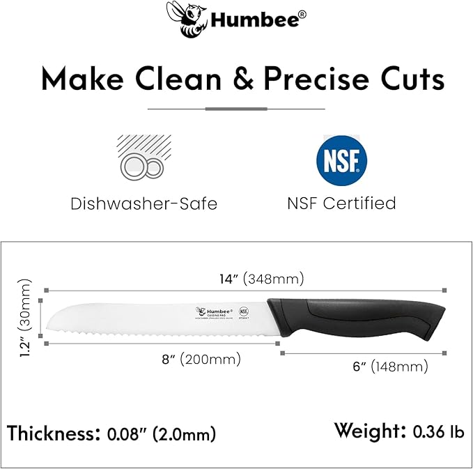 8-Inch Serrated Bread Knife, Premium High Carbon Stainless Steel Blade Knife for Bread with Ergonomic Handle, NSF Certified, DT-30 Series, Black