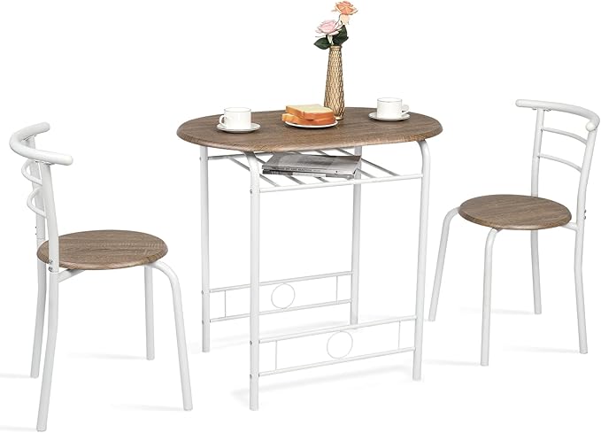 VINGLI 3 Piece Dining Set,Small Kitchen Table Set for 2,Breakfast Table Set,Kitchen Wooden Table and 2 Chairs for Small Space/Dining Room/Apartment,Metal Frame,Wine Rack,White&Warm Oak