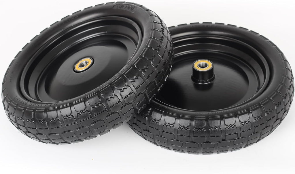 13" Flat-free Solid Tire and Wheel Replacement, with 5/8" Axle Bore Hole, 2.2" Offset Hub for Wheelbarrow Garden Wagon Trolley Dolly (4-pcs)