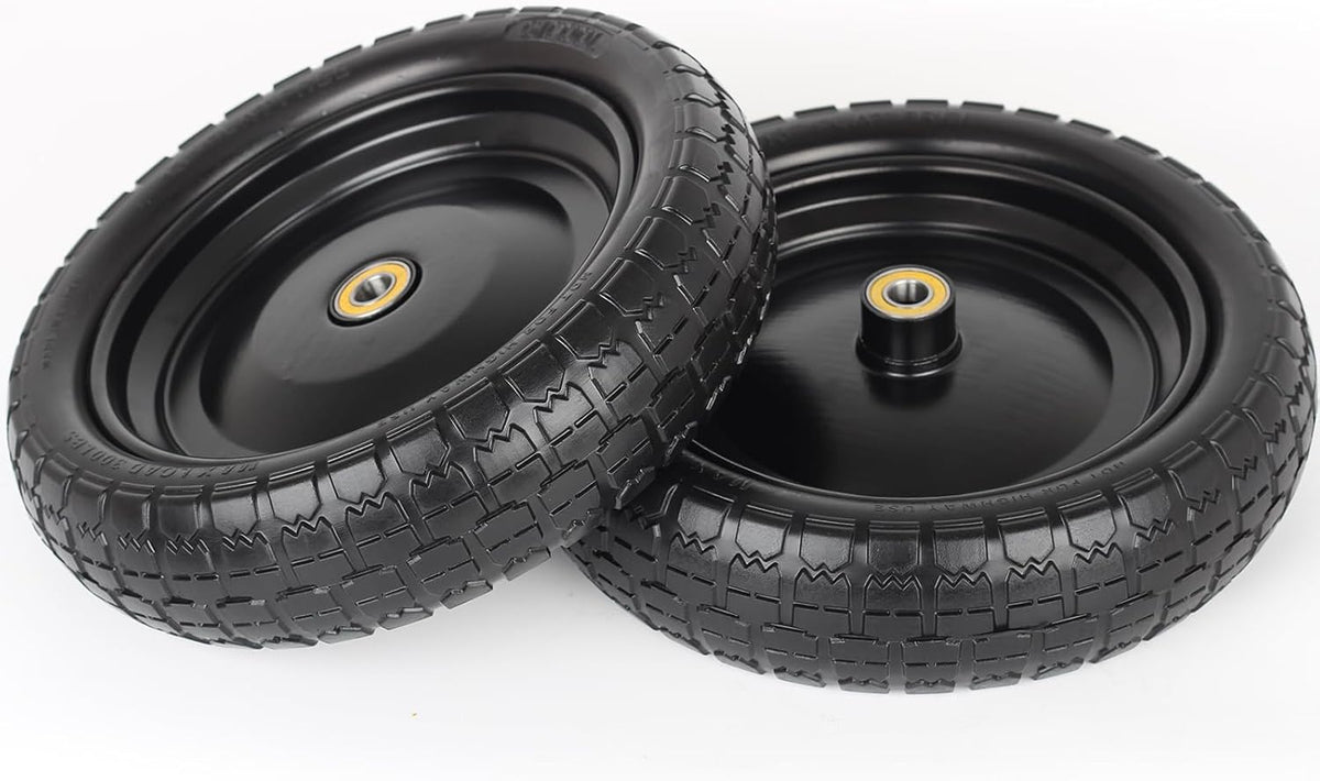 13" Flat-free Solid Tire and Wheel, with 5/8" Axle Bore Hole, 2.2" Offset Hub, Replacement 4.00-6 Wheelbarrow tire, Compatible with Garden Wagon Trolley Dolly, 2 Pack