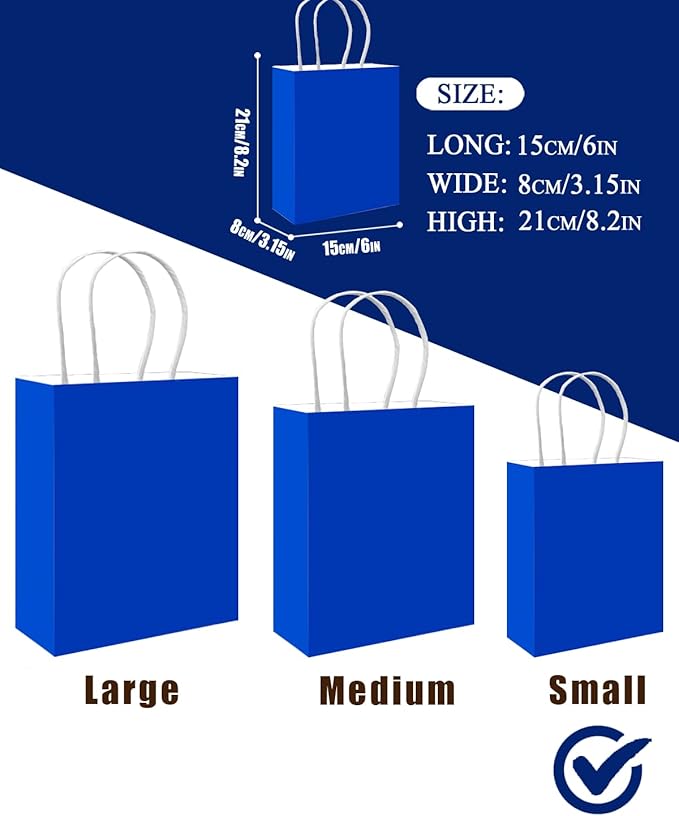 qiqee 50-Packs Gift Bag with Handles Bulk Diamond Blue Paper Bags Multiple Uses (8.3"x3"x6" Small Size)