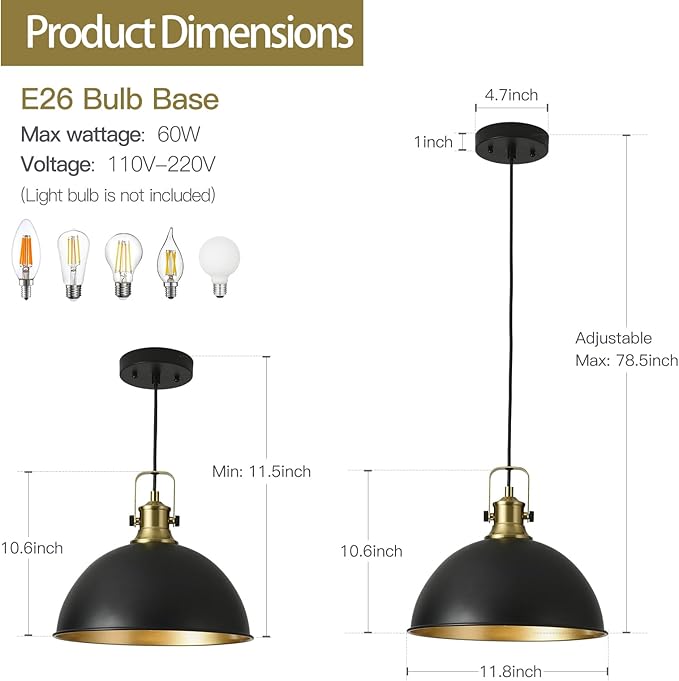 12 Inch Black Farmhouse Pendant Lights for Kitchen Island Industrial Haning Lamp Adjustable Height Vintage Dome Hanging Light Fixtures for Barn, Dining Room