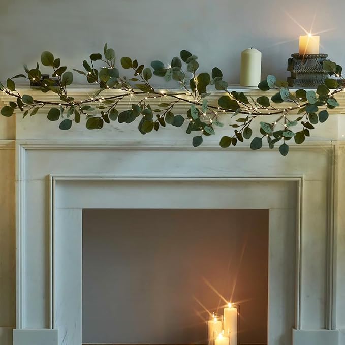 Fudios Lighted Twig Eucalyptus Garland 6FT 96 Warm White LED Battery Operated with Timer for Mantle Fireplace Wedding Party Spring Bedroom Decoration Indoor Outdoor Use
