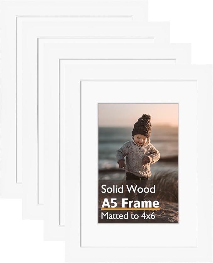 KINLINK A5 Picture Frame, White Solid Wood Frames with Acrylic Plexiglass for Pictures 4x6 with Mat or A5 without Mat, Tabletop and Wall Mounting Display 4 Pack