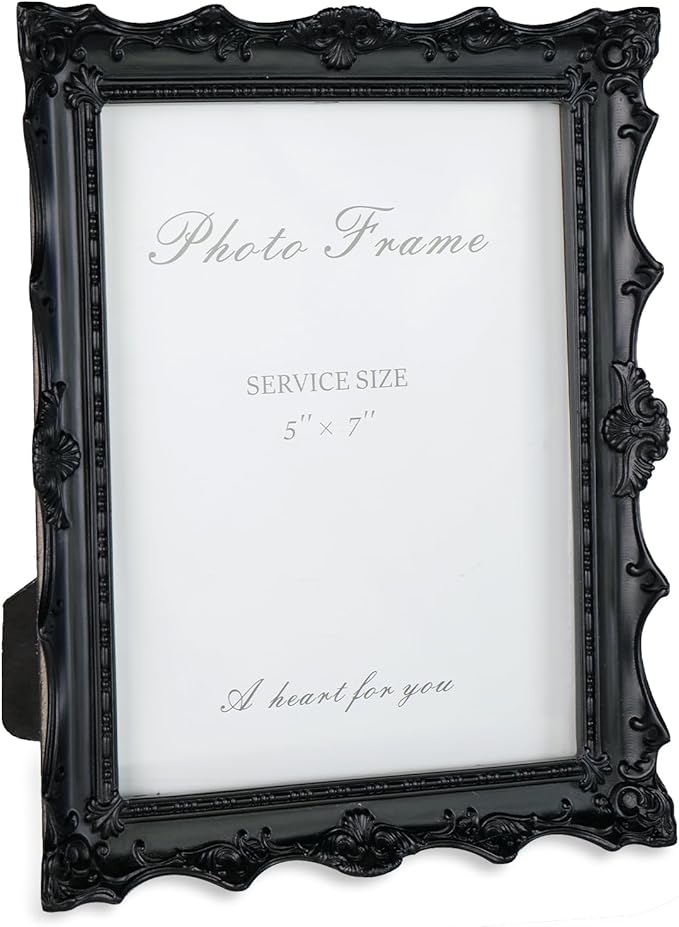 Cuspin 5x7 Black Picture Frame, Handcrafted Resin Frame with Exquisite Carved Details & Glass Front, Vintage Antique Design for Wall Hanging or Tabletop Display, Home Decor