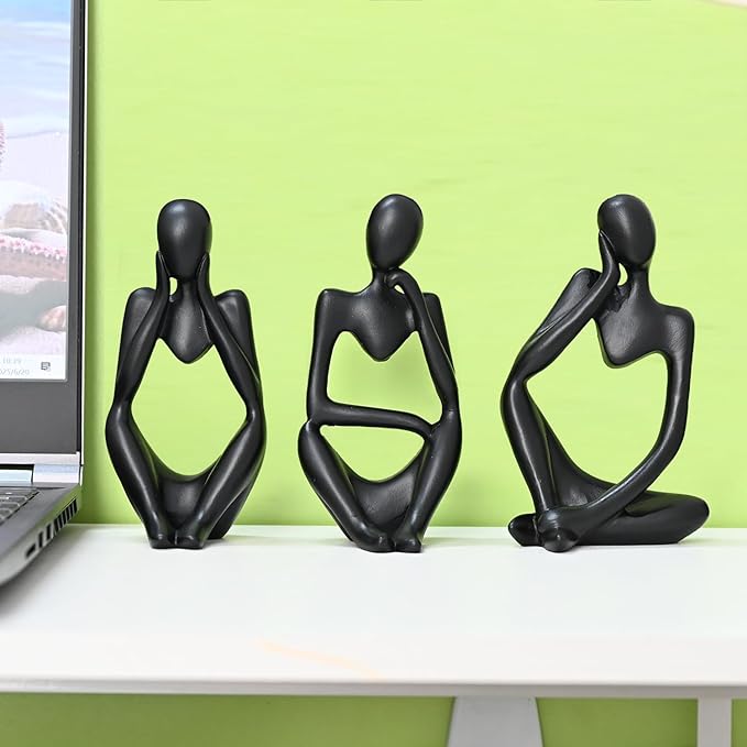 BOPART 3Pcs Thinker Statues Black Decor for Home, Office or Living Room, Resin Black Figurines Sculptures for Floating Shelf, Coffee Table Decoration