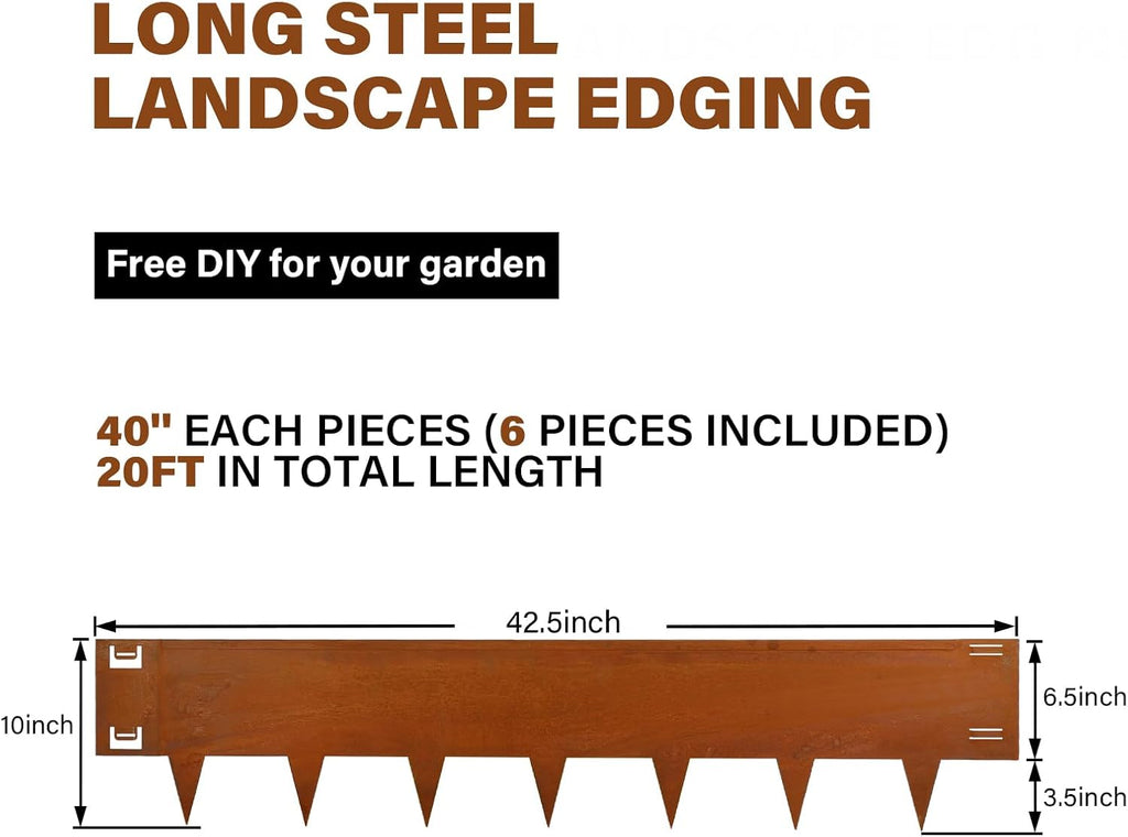 Cor-Ten Steel Landscape Edging 40 Inch Strips, 10-Inch Depth Metal Landscape Edging, 6-Pack Metal Garden Edging with Gloves, Bendable Rust Edging for Landscaping