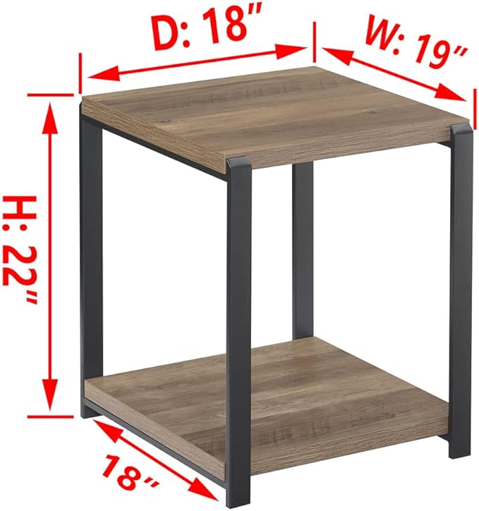 FOLUBAN Industrial End Table, Square Side Table with Storage Shelf for Living Room, Wood and Metal Nightstand, Oak