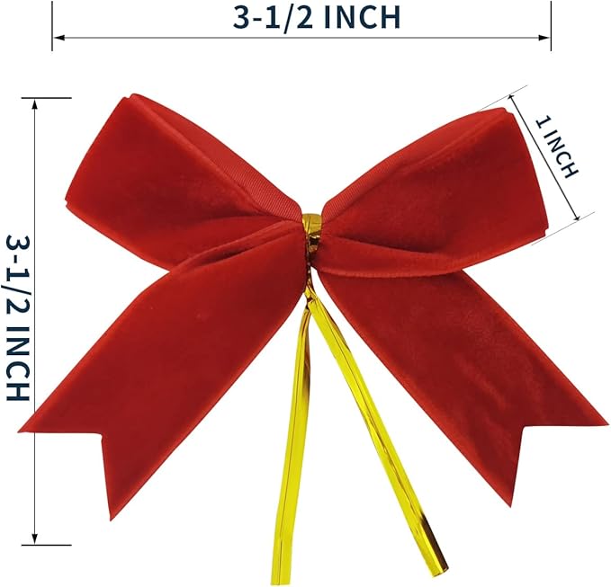 30pcs 3-1/2" Christmas Red Velvet Twist Tie Bows for Christmas Gift Wrapping with Fish Tails (Red Velvet Bow)