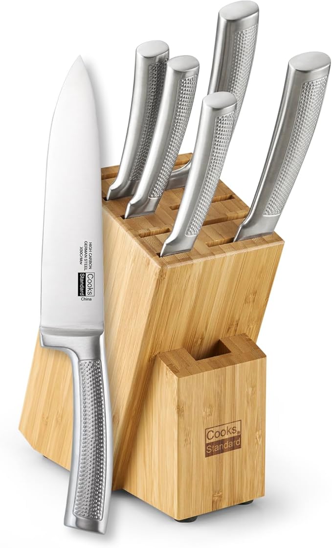 Cooks Standard Kitchen Knife Set with Block 6-Piece, Stainless Steel Forge High Carbon German Blade with Expandable Bamboo Storage Block for Extra Slots, Silver