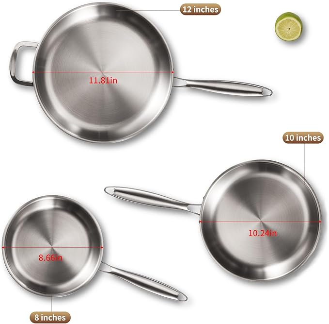 Tri-Ply Stainless Steel Pan Set, PFOA and PTFE-Free Skillet Griddle, Stainless Steel Pan Set with Lid for the Kitchen, Induction-Compatible Cookware Sets, Dishwasher and Oven Safe