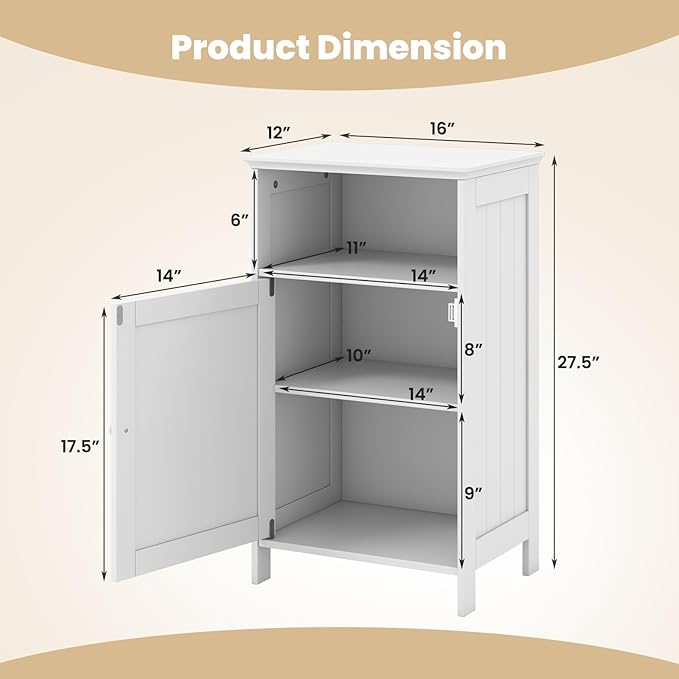Tangkula Bathroom Storage Cabinet, Freestanding Wooden Single Door Side Floor Organizer with Adjustable Shelf, Small Bathroom Cabinet for Small Spaces, Living Room (White)