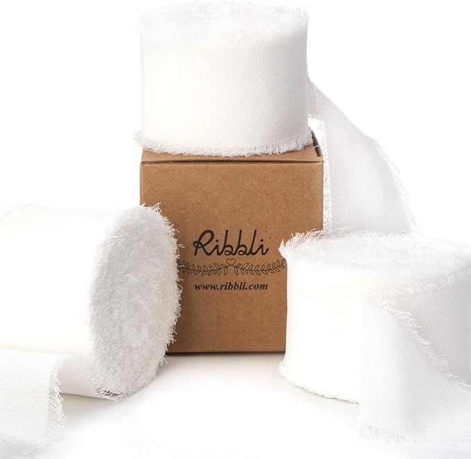 Ribbli White Chiffon Ribbon - 1.5 inch x 30 Yard Handmade Silk, Fringe Chiffon for Wedding Invitations, Gift Wrapping, Bridal Bouquets, Flower Arrangement