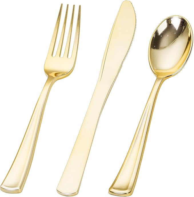 SUT 600PCS Gold Plastic Silverware, Plastic Silverware heavy duty, Disposable Cutlery, 200 Forks,200 Spoons, 200 Knives for Party