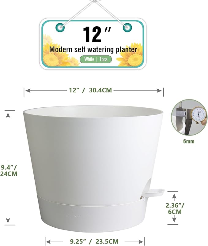 12 inch Large Self Watering Pots for Indoor Outdoor Plants, Flower Plant Pots with Mesh Drainage Holes for Garden House, Plastic Planters with Reservoir for Home, White