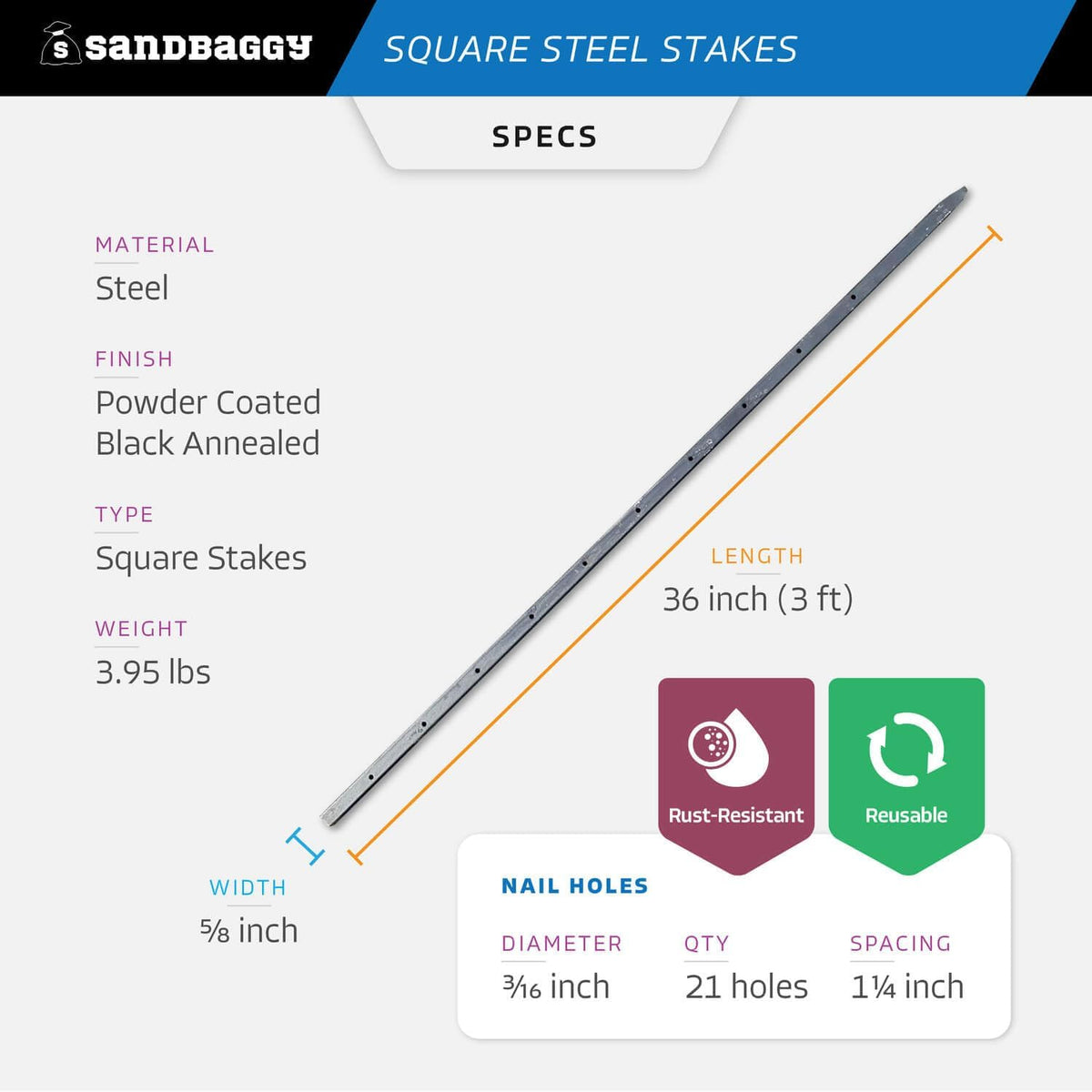 Sandbaggy 36" Square Steel Concrete Form Stakes with Nail Holes - 5/8" Wide - Rust Resistant Coating - Removable, Reusable - Construction Grade Stakes (300, 36 inch)