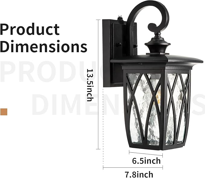 JYZ Dusk to Dawn Outdoor Wall Lantern, Craftsman Style Exterior Sconce Light with Water Ripple Glass, Traditional Porch Light Fixture Wall Mount Lamp for Front Porch Doorway Garage Patio Garden