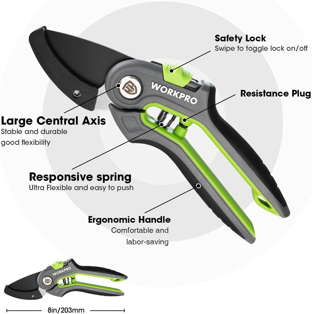 WORKPRO Anvil Pruning Shears, 8’’ Professional Gardening Hand Pruner with SK5 Steel Sharp Blades, Ideal Gardening Tool for Cutting and Trimming, Green