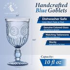 Yungala Blue Wine Glasses - Set of 6 Glass Goblets, 10oz - Dishwasher-Safe Handcrafted Stemmed Blue Vintage Glassware vintage wine glasses or water goblets or for those who love blue drinking glasses