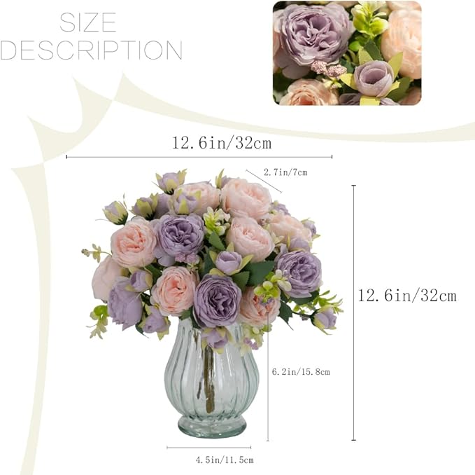 Artificial Peonies Silk Flowers in Glass Vase Faux Flowers Bouquets Modern Penoy Arrangement 4 Pack for Home Decoration Table Centerpiece (Pink Purple)