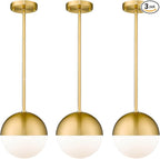 LMS 8 Inch Mid Century Pendant Lights, Brushed Gold Kitchen Island Light Fixtures with White Globe Glass Shade, Adjustable Hanging Rod, 3-Pack for Home Office Dining Room Bathroom, LMS-186BG3PK