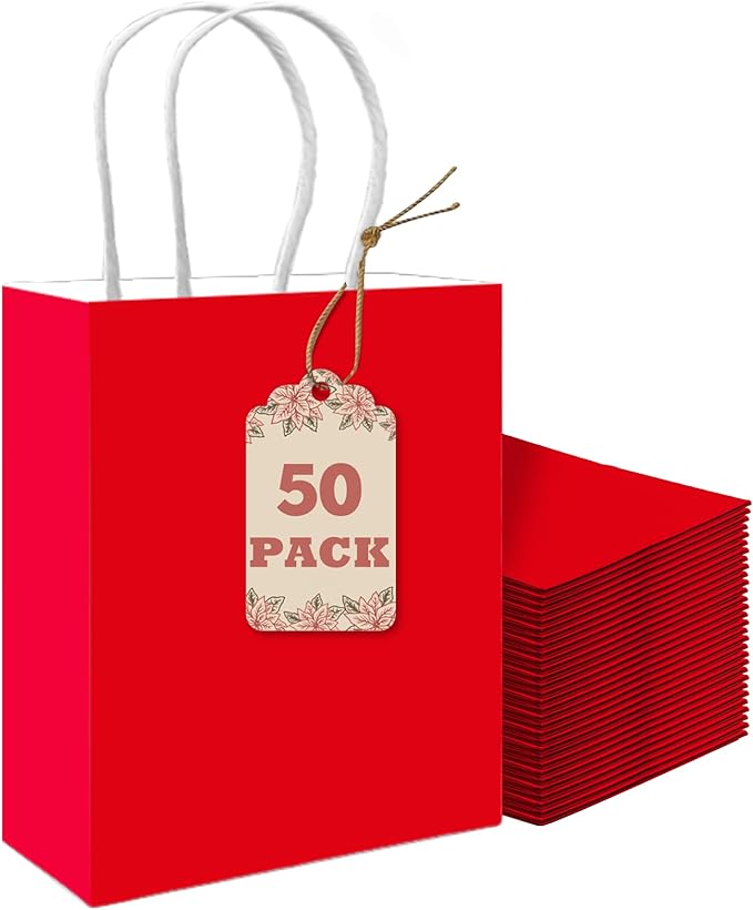 qiqee 50-Packs Gift Bag with Handles Bulk Red Paper Bags Multiple Uses (8.3"x3"x6" Small Size)