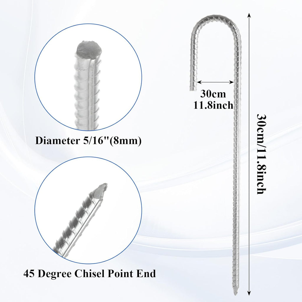 CertBuy 30 Pack Rebar Stakes 12inch, Galvanized Rebar Stakes J Hook, Heavy Duty J Hook Ground Anchors, Curved Steel Support Garden Stake with Chisel Point end for Canopies, Sheds, Swing Sets
