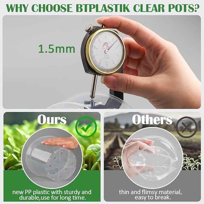12 Pack 7 Inch Clear Nursery Pots with Saucer, Transparent Plastic Plant Pots with Drainage Holes, Sturdy Plant Starter Pots, Planter Pot for Planting Succulent Flower Herb Vegetable, Gardening Gifts