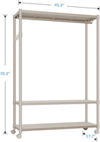 IZEUK Heavy Duty Rolling Clothing Rack with Clothes Hanging Rod, 3-Tier Adjustable Metal Wardrobe Closet Organizer with Side Hooks, Garment Rack on Wheels, 45.3" W x 17.7" D x 70.3" H, Gold