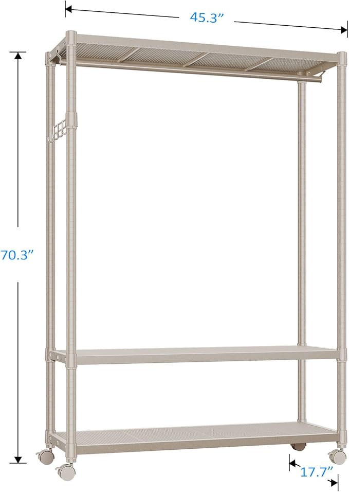 IZEUK Heavy Duty Rolling Clothing Rack with Clothes Hanging Rod, 3-Tier Adjustable Metal Wardrobe Closet Organizer with Side Hooks, Garment Rack on Wheels, 45.3" W x 17.7" D x 70.3" H, Gold