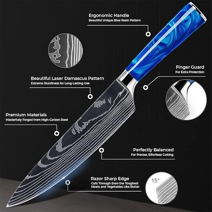 SENKEN 8-Piece Japanese Knife Set - Blue Resin Handle, Laser Damascus Blades - Chef's, Santoku, Bread & Paring Knives
