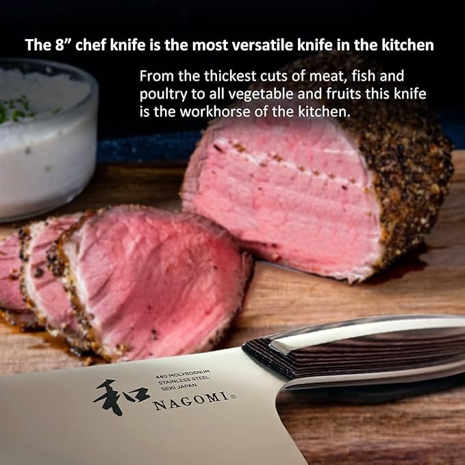 NAGOMI] 8 inch Chef Knife | Stainless Steel HRC58 Professional Japanese Kitchen Cooking Knife with Ergonomic Handle for Thick Meat and Fish | Stylish Gift Box