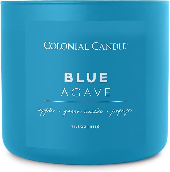 Colonial Candle Blue Agave Scented Jar Candle, Pop of Color Collection, 3 Wick, 14.5 oz - Up to 60 Hours Burn