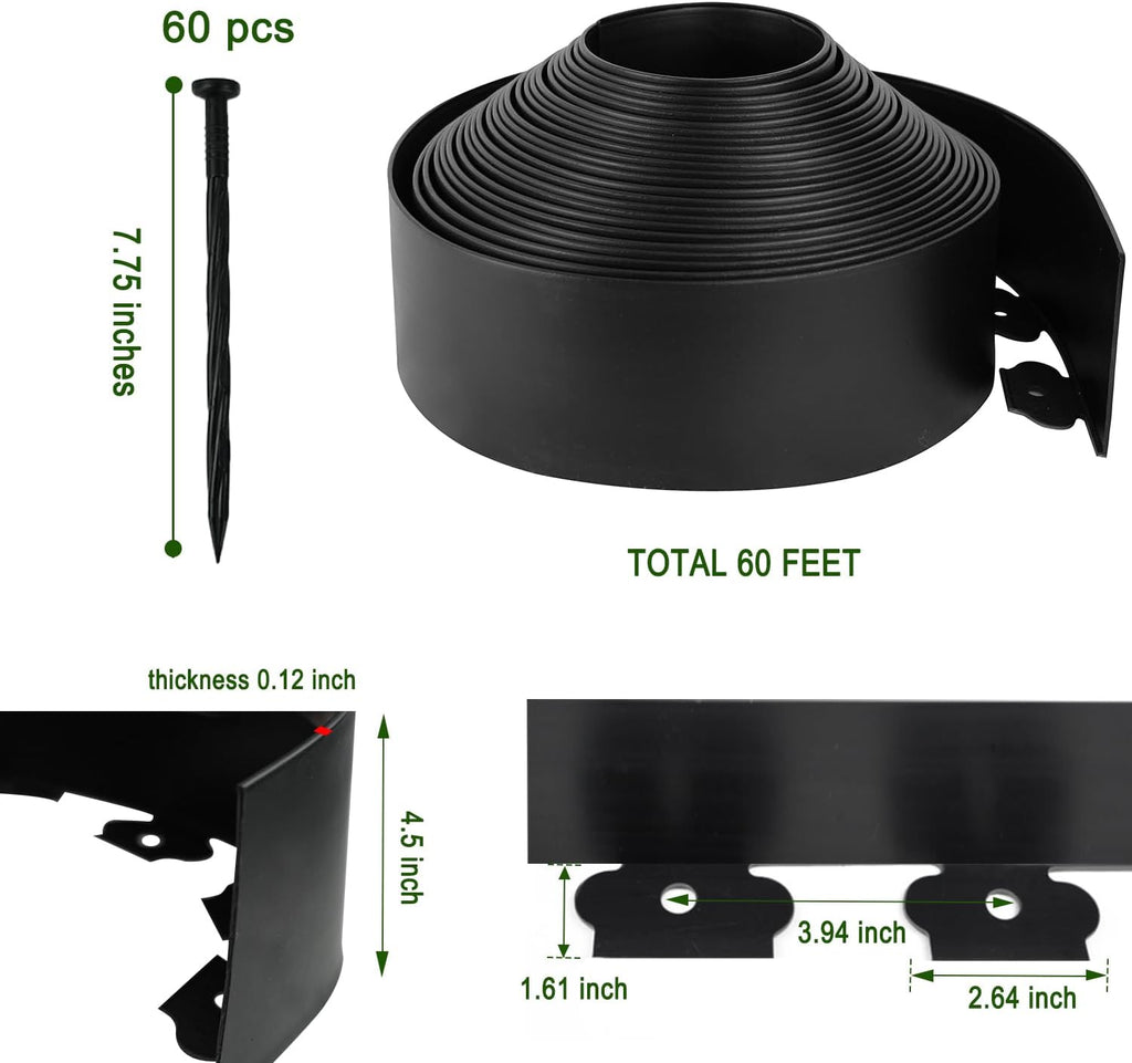 Hugeleaf 4.5 Inch Tall Landscape Edging 60 Feet Garden Edging with 60 Spikes, Plastic Landscape Border Edging for Landscaping Lawn, Flower Beds(Black)