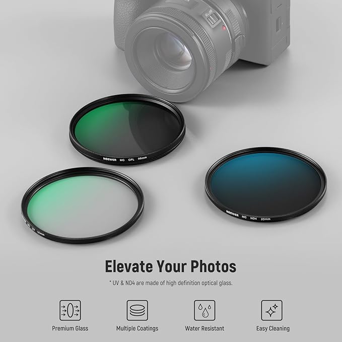 NEEWER 95mm UV CPL ND Lens Filter Kit with Hard Shell Storage Case, Multicoated Optical Glass & Aluminum Alloy Frame, UV + Circular Polarizing (CPL) + Neutral Density (ND4) Filter for 95mm Camera Lens